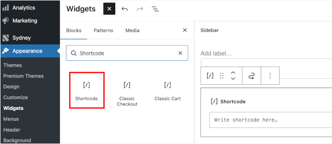 Adding the shortcode block to Sidebar Adding the shortcode block to Sidebar