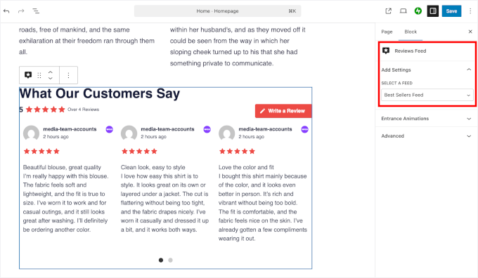 Reviews Feed block settings Reviews Feed block settings