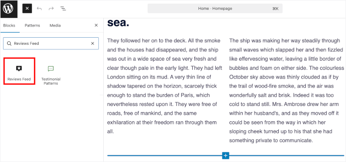 Adding the Reviews Feed block Adding the Reviews Feed block
