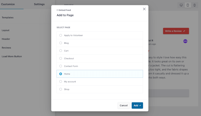 Choosing an existing page to embed the reviews feed Choosing an existing page to embed the reviews feed