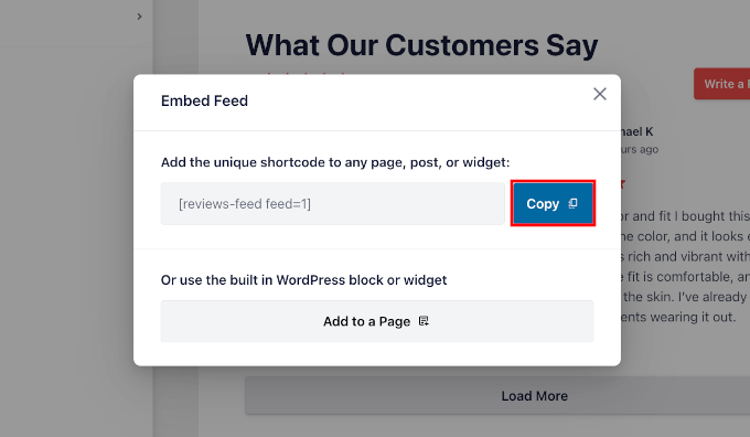 Copying the shortcode in the Embed popup Copying the shortcode in the Embed popup