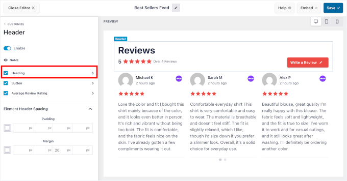 Enabling Heading in Reviews Feed Enabling Heading in Reviews Feed