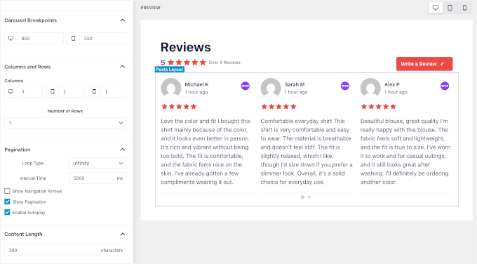 Layout customization panel Layout customization panel