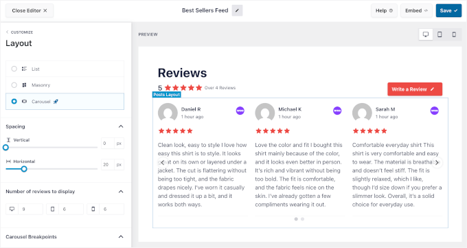 Reviews Feed's live customizer Reviews Feed's live customizer