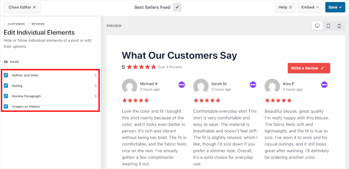Customizing reviews' individual elements Customizing reviews' individual elements