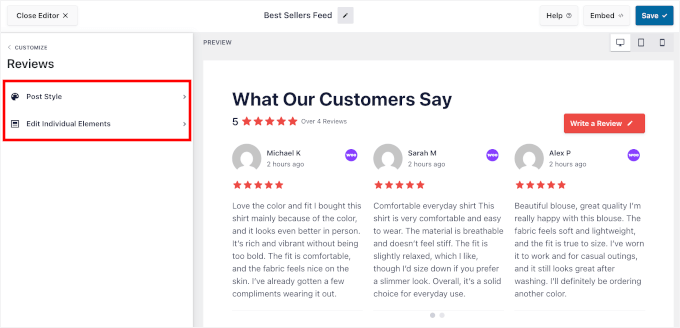 The Reviews panel in Reviews Feed The Reviews panel in Reviews Feed