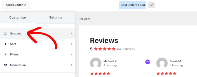 Navigating to Sources settings Navigating to Sources settings