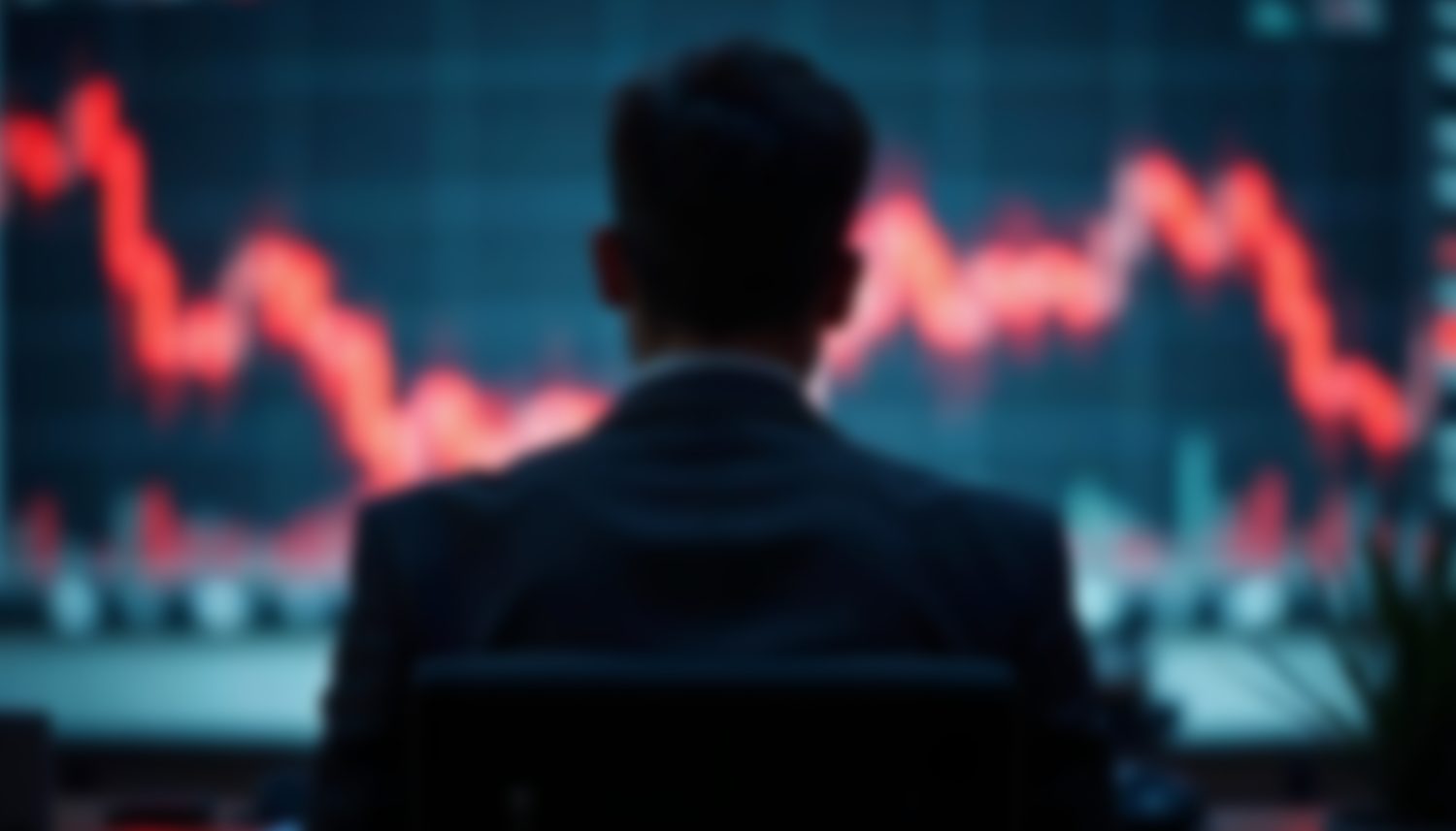A blurry image of a man in front of a red stock market graph showing a downward trend, symbolizing financial crisis or market drop
